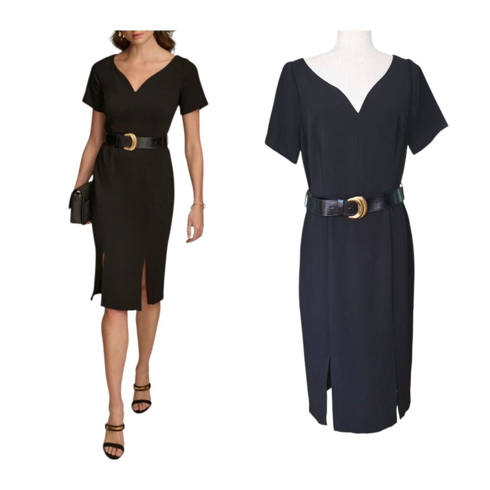 Donna Karan Belted Short Sleeve V-Neck Sheath Dress Double Split Size 12 Black